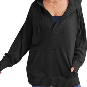 Aerie Henley V-Neck Hoodie Black XS